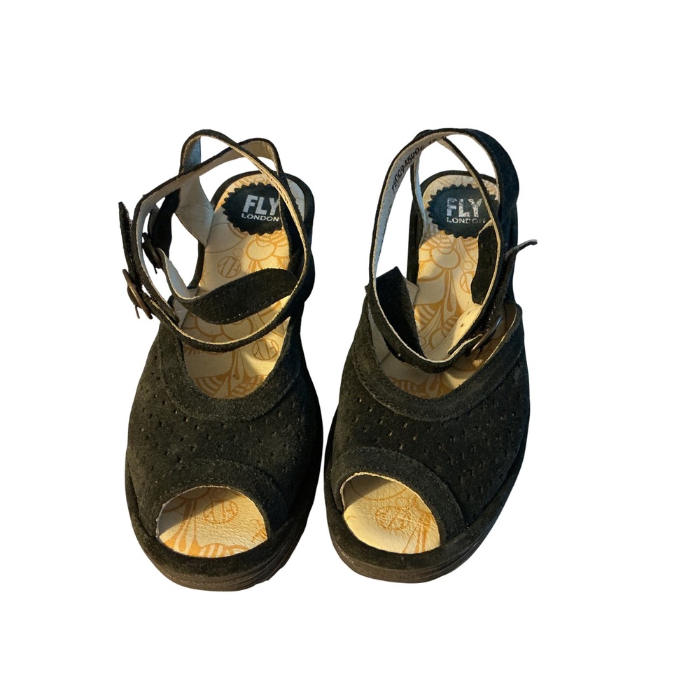 Fly London Ylva Black Suede Wedge Platform Sandals P500945002 Size 37 US 7